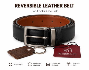 Reversible Belt for Men, Black and Tan Cow Grain Leather, 35mm Wide Classic Style