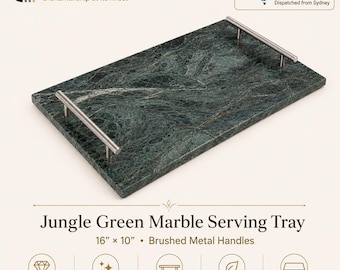 Jungle Green Marble Serving Tray, 16 x 10 Inches with Brushed Metal Handles
