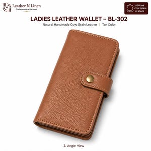 Tan Leather Wallet, Cow Grain with Button Closure, Ladies Slim Design, BL-302