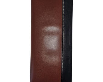 Handmade Cow Grain Leather Long Wallet - Brown & Black