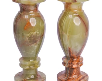 Green Onyx Flower Vase Set, 2 pcs, 3" x 8" – Handmade Natural Stone Decor in Antique Brown Tone, Elegant Home & Table Accent