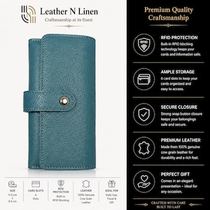 Leather Wallet, Green RFID-Blocking Design with 6 Card Slots and Snap Closure, BL-302