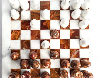 Red & White Marble/Onyx Handcrafted Chess Set, 30 cm x 30 cm White Borders