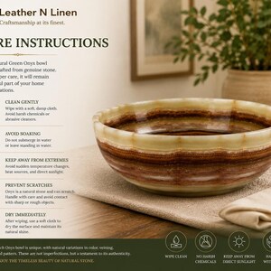 A product care instructions graphic displaying text alongside a green onyx bowl sitting on a folded beige cloth.