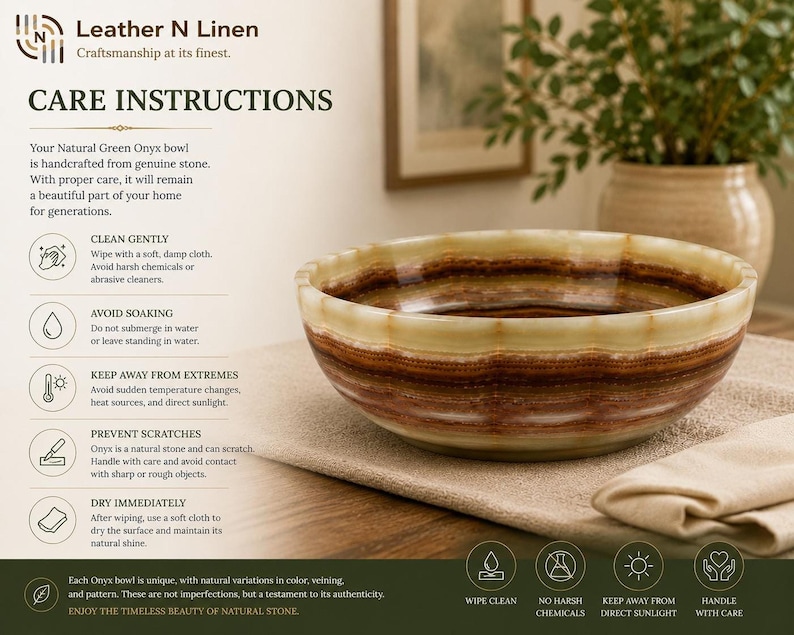 A product care instructions graphic displaying text alongside a green onyx bowl sitting on a folded beige cloth.
