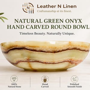 A promotional banner displays a hand-carved round natural green onyx bowl with prominent banding, accompanied by text and icons highlighting its natural stone construction and polished finish.