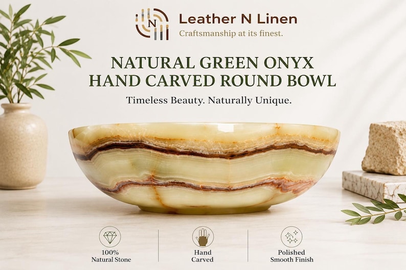 A promotional banner displays a hand-carved round natural green onyx bowl with prominent banding, accompanied by text and icons highlighting its natural stone construction and polished finish.