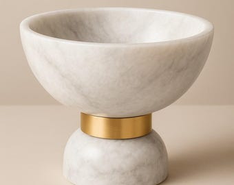 Hand-Carved White Zebra Marble Bowl with Base, 8" x 6" – Elegant Natural Stone Centerpiece & Luxury Home Decor