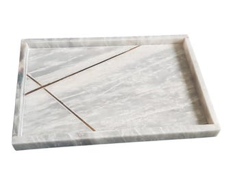 Grijsmarmeren dienblad met gouden lijn, 8 x 12 inch – elegante rechthoekige serveerschaal, woondecoratie van natuursteen en luxe servies