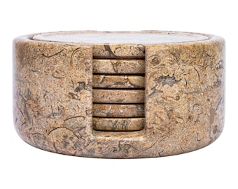 Juego de posavasos artesanales de mármol coral, 10 cm (4") – Elegantes posavasos de piedra natural con soporte, decoración de lujo para el hogar y la mesa