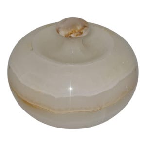 White Onyx Candy Jar with Lid - Handmade Circular Decorative Storage, 5&quot; Diameter x 3&quot; Height, Natural Stone Trinket Holder
