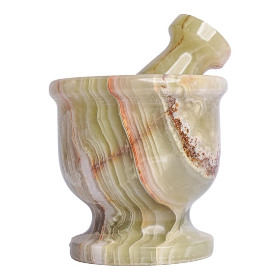 Genuine green onyx stone mortar & pestle — the swirling natural banding makes every piece one-of-a-kind, and 109 favorites confirm real demand.