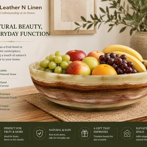The green onyx bowl is filled with fresh fruit, including green and red grapes, apples, a banana, an orange, and a lemon, placed on a placemat with promotional text and icons below.