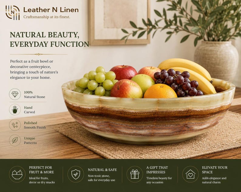 The green onyx bowl is filled with fresh fruit, including green and red grapes, apples, a banana, an orange, and a lemon, placed on a placemat with promotional text and icons below.