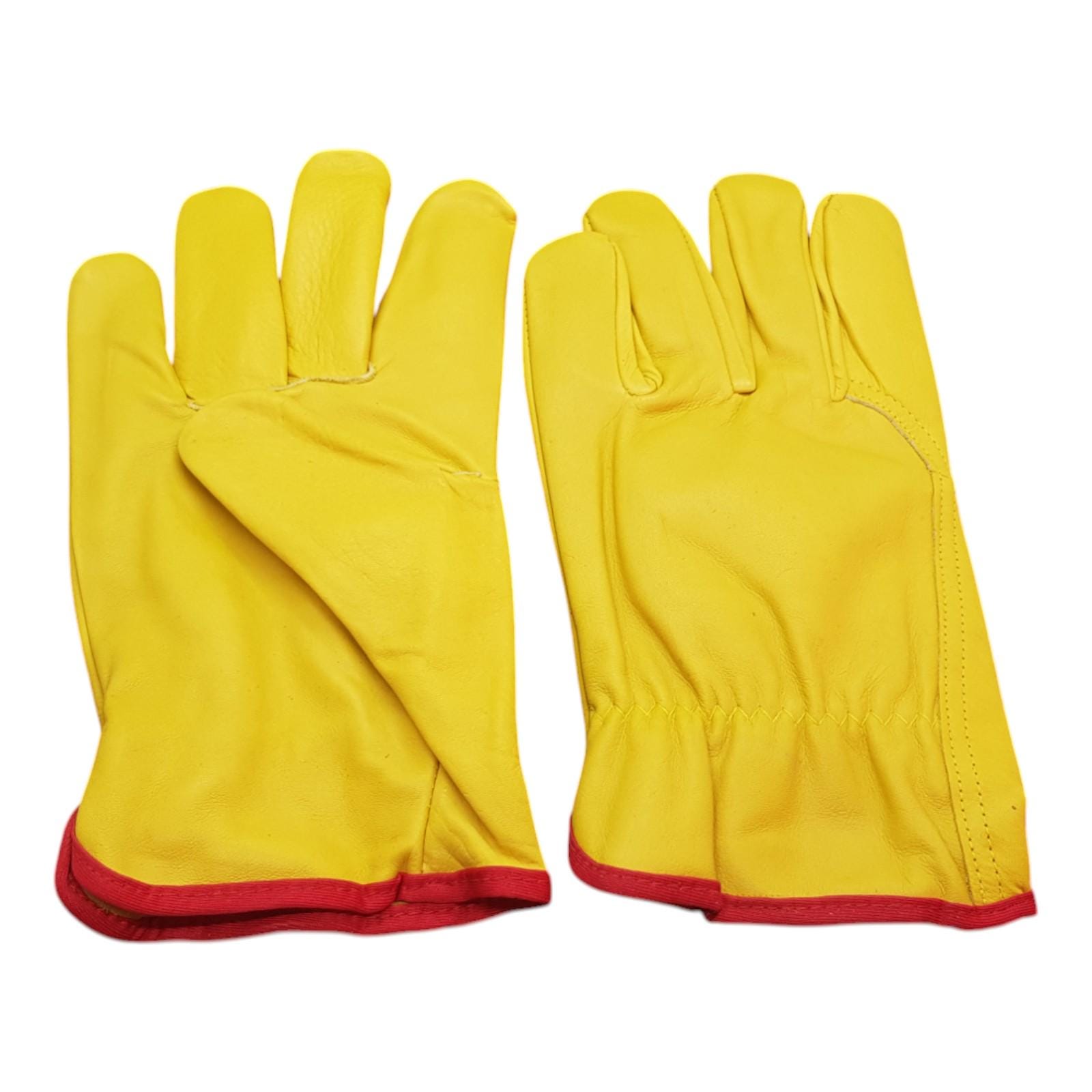 Goatskin Rigger Gloves, Wing Thumb and Index Finger, Yellow Colour with red Piping at base, Size: X-Large, 6 Pairs