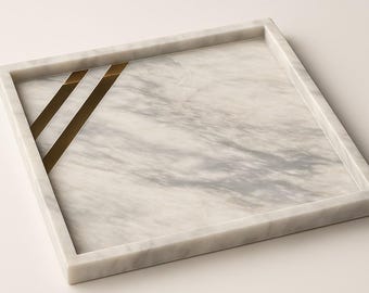 Grijsmarmeren dienblad, 8 x 12 inch – rechthoekige serveerschaal met gouden lijnen, elegant huisdecor van natuursteen en luxe servies