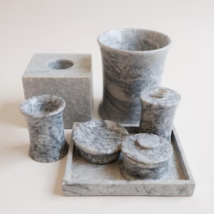 7-Piece Sunny Grey Marble Bathroom Set – Natural Stone Vanity Décor | Soap Dish, Dispenser, Tumbler, Canister & More