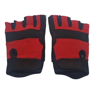 Sports Cycling Gloves, Half Finger Breathable Palm Amara & Back Mesh, Red and Black, 1 pair