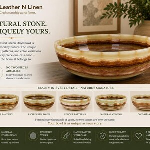 An informational graphic highlighting the natural stone variations of the green onyx bowl with four smaller thumbnail examples.