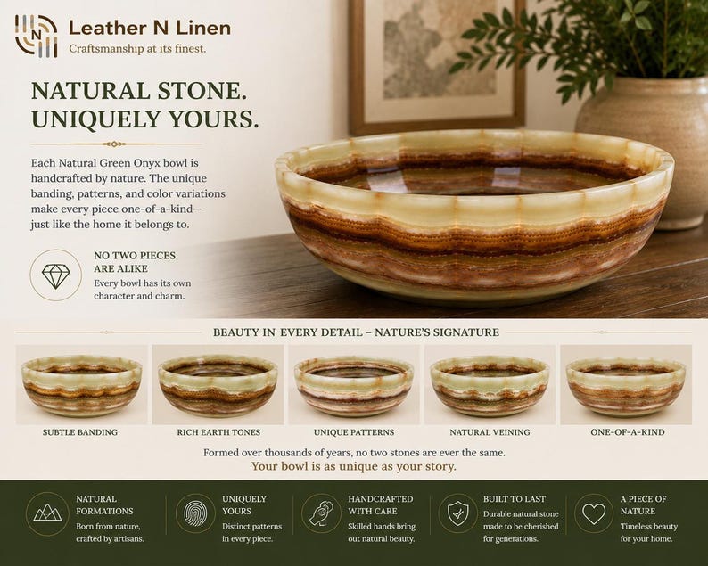 An informational graphic highlighting the natural stone variations of the green onyx bowl with four smaller thumbnail examples.