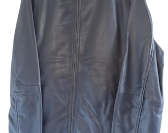 May include: A black leather bomber jacket with a zipper closure and ribbed knit cuffs and waistband.