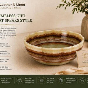 A marketing graphic for Leather N Linen featuring a hand-carved green onyx bowl next to a gift card and candle on a tabletop.