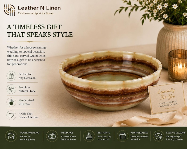 A marketing graphic for Leather N Linen featuring a hand-carved green onyx bowl next to a gift card and candle on a tabletop.