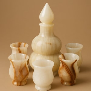 May include: A collection of onyx stone decorative items. The set includes a tall, pear-shaped bottle with a pointed top, and five small, matching cups. The cups and bottle have a creamy white and brown marbled appearance.