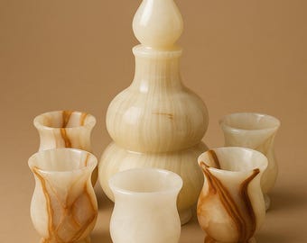 Conjunto de Garrafas Artesanais em Ônix Branco – Utensílios de Servir Elegantes em Pedra Natural com 1 Garrafa e 5 Copos | Decoração de Luxo para Bar ou Mesa de Jantar