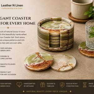 Natuurlijke groene onyx onderzetters, zes ronde stuks van 10 cm met bijpassende standaard.