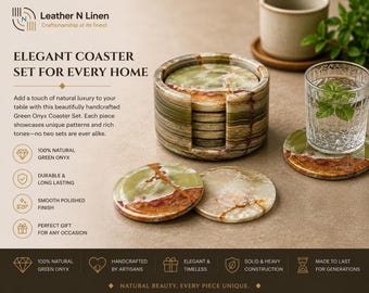 Natural Green Onyx Coasters, Six Round 4-Inch Pieces with Matching Stand