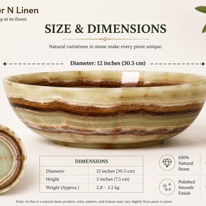 An informational image illustrates the 12-inch diameter and 3-inch height dimensions of the green onyx bowl, including weight specifications and a small top-down inset photo.