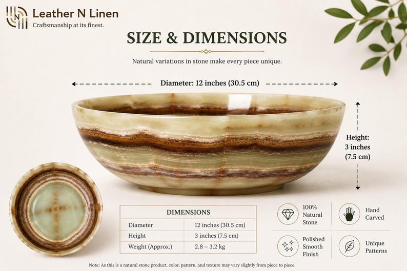 An informational image illustrates the 12-inch diameter and 3-inch height dimensions of the green onyx bowl, including weight specifications and a small top-down inset photo.