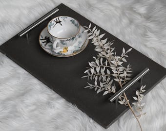 Bandeja rectangular de mármol gris con asas, 40,6 x 25,4 cm (16" x 10") – Elegante pieza de piedra natural para decoración del hogar y vajilla de lujo