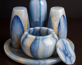 Blau & Weiß Marmor Salz und Pfefferstreuer Set mit Tablett
