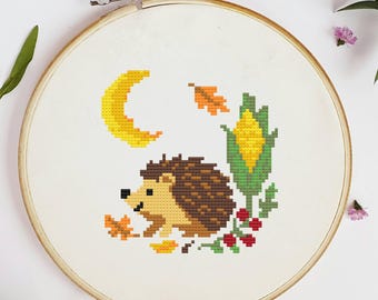 Moonlit Hedgehog Cross Stitch Pattern PDF | Woodland Animal Autumn Design | Beginner Friendly Digital Download