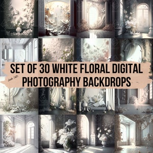 30x Digital Backdrops: White Floral Room Backgrounds, Maternity Overlays, Studio Backdrops, Photoshop Effects, and Fine Art Textures