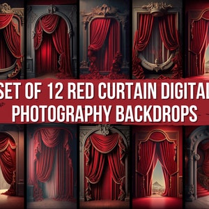 12x Maternity Backdrop Overlays for Photoshop Composites - Red Curtain Fine Art Background Overlays with Framed Design