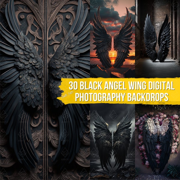 30 Digital Dark Black Angel Wing Backdrops: Photo Backgrounds, Maternity Overlays, Studio Backdrops, Photography Effects, Fine Art Textures