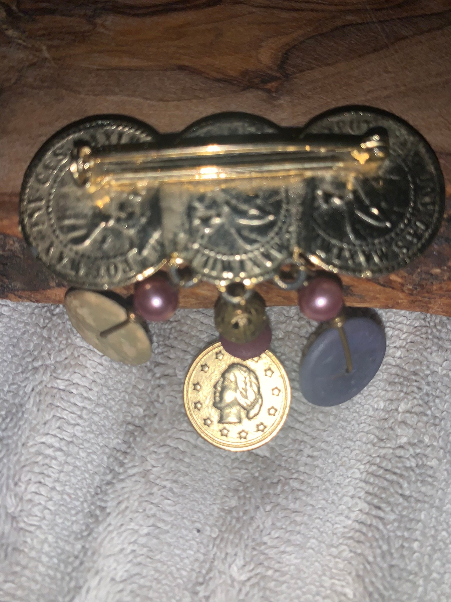 Vintage 80s Coin Brooch Gold Tone Matte European Roman