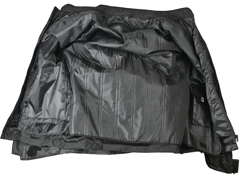 May include: Black jacket with an open design, showcasing the interior lining. The inside features multiple pockets and a quilted pattern. The jacket is made of a shiny, water-resistant material, suitable for outdoor wear.