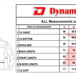 May include: A white and black line drawing of a motorcycle jacket with multiple pockets, alongside a size chart in centimeters. The Dynamite Gear logo is in red and white.