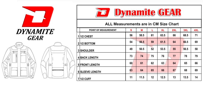 May include: A white and black line drawing of a motorcycle jacket with multiple pockets, alongside a size chart in centimeters. The Dynamite Gear logo is in red and white.
