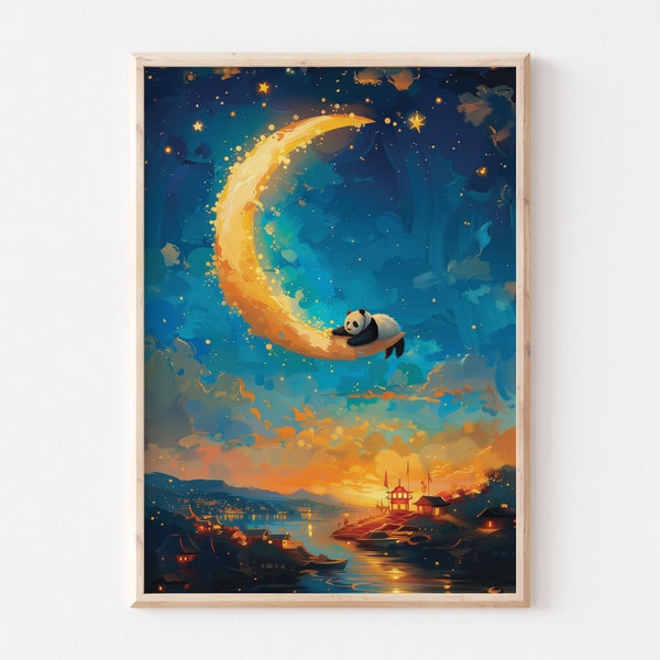 Panda Dreams Starry Enchanted Night Art Print Whimsical Twilight Animal Voyage Magical Crescent Moon Artwork Adventure Sunset Illustration