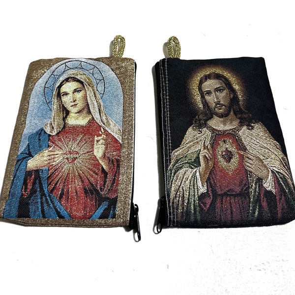 Beautiful Rosary Bag with Virgin Mary & Jesus Christ!!Golden threads shine!Guadalupe Bag!!Religious Bag!!Catholic Bag!!Zippered Coin Purse!