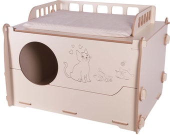 Maison de naissance modulaire en bois avec compartiment pour chat et chaton, couleur beige