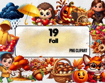 Fall Clipart, Cute Autumn Clipart, Seasonal Clipart, Instant Download, Cartoon Autumn Clipart, Fall Leaf Clipart
