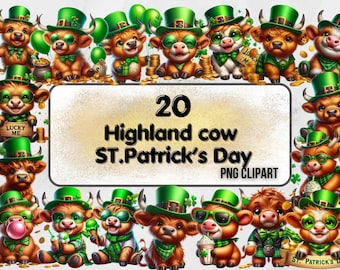 St Patricks Day Highland Cow Clipart: Irish Clover PNG (Commercial Use)