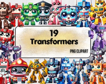 Può includere: Un'immagine di 19 Transformers dei cartoni animati in vari colori, tra cui rosso, verde, blu e giallo. I robot hanno grandi occhi ed espressioni amichevoli. L'immagine include il testo "19 Transformers PNG Clipart".