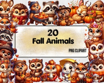 Cute fall animals clipart digital download, autumn animals bundle, forest cute animals png, baby fall animals clipart